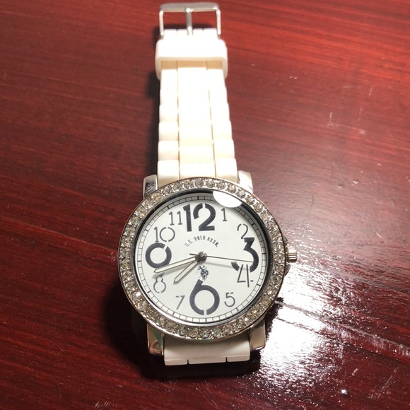 U.S Polo Assn. watch white rubber band with rhinestone accents EUC - Picture 1 of 4